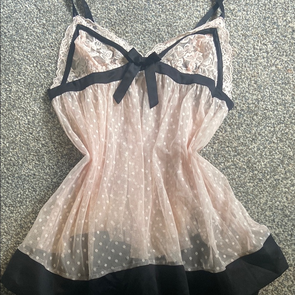 Chic Pink Polka Dot Camisole with Black Lace